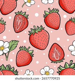 Seamless strawberry pattern with flowers on pink background. Hand-drawn vector style. For fabric, packaging, wallpaper, and wrapping paper.