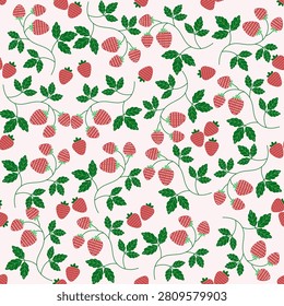 Seamless Strawberry Pattern with Green Leaves on Soft Pink Background Cute Fruit Vector Design