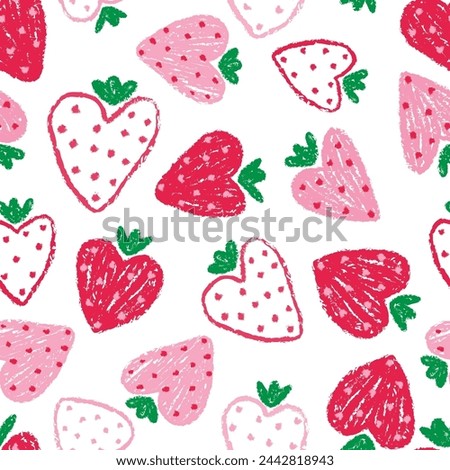 seamless strawberry pattern with green leaves. Hand drawn heart shaped strawberries on white background. Cute, sketchy, hand drawn vector illustration for girls, kids and baby fashion
