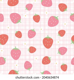 Seamless strawberry pattern hand drawn fruit on square grid background cartoon style. design for typography, wallpaper, stuff Vector Illustration