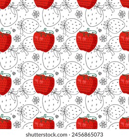 Seamless Strawberry pattern. Hand drawn sketch doodle and flat illustration with berries and flowers. Vector repeated Black and white background of strawberry for wallpaper, textile, wrapping