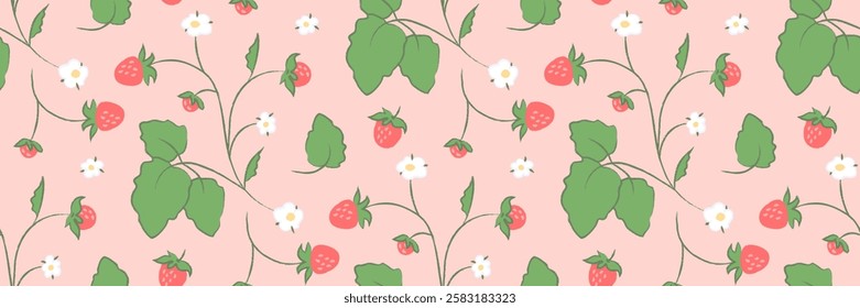 Seamless strawberry pattern with hand drawn ripe berries, green leaves, and white flowers on a soft pink background. Crayon pencil texture. Cute wallpaper for spring, summer designs, print, textile.