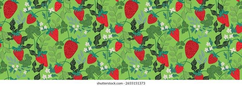 Nahtloses Erdbeermuster mit Blättern und Blüten im handgezeichneten Stil. Nettes trendiges Design. Vektor-Beerenprint Sommer-Frische-Kern-Wiese grüner Hintergrund.