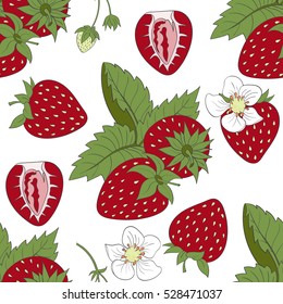 Seamless strawberry pattern with strawberry leaves, strawberry flower on white background, vector illustration
