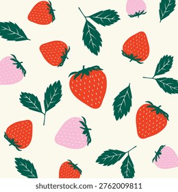 Seamless Strawberry Pattern with Leaves in Modern Flat Style