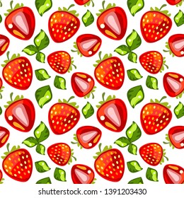 Seamless strawberry pattern with leaves on white background