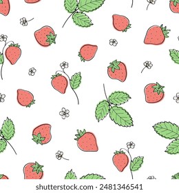 Seamless strawberry pattern with leaves. Vector background with summer sweet strawberries.