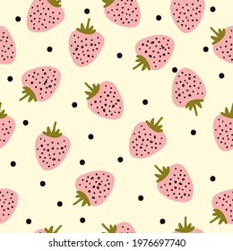 Seamless strawberry pattern . light background. abstract pink berries. black dots. vector texture. fashionable print for textiles and wallpaper.