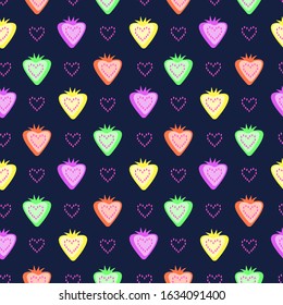 Seamless strawberry pattern on a dark background with bright berries.