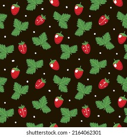 Seamless strawberry pattern, summer vector illustration in cartoon style. Strawberries whole and halves. Leaves of the plant. Bright summer pattern on black background.
