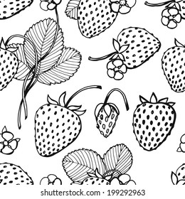 seamless strawberry pattern, vector black and white illustration