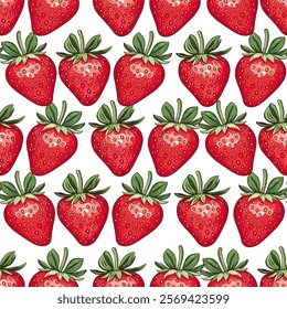 Seamless Strawberry Pattern with White Background. Red Strawberries with Green Leaves Repeating Design
Fresh Strawberry Illustration. Seamless Print