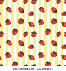 Patrón de fresa sin fisuras con rayas amarillas. Fondo lindo de la fruta para la tela del verano y el papel de embalaje.