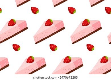 Pedazo de pastel de fresa sin costura y patrón de baya roja. Fruta y torta. Comida de postre. Plantilla ecológica de alimentos tropicales orgánicos para Fondo de pantalla, textil, envoltura, scrapbooking. Fondo repetido.
