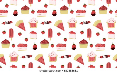 Seamless strawberry sweet pattern. Delicious birthday cake and wedding muffin vector collection isolated on white background.