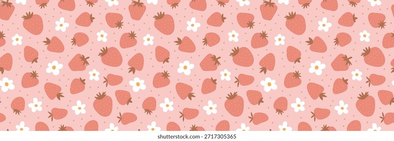 Fundo de vetor de morango sem costura com bagas e flores desenhadas à mão. Impressão de verão bonito para tecido, cartazes ou projetos de moda na moda. Design de padrão rosa vibrante e vermelho.