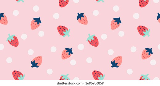 Seamless strawberry vector pattern with polka dots. Hand drawn fruit pink green blue art for wallpaper textile fabric designs. Cute vector illustrations in cartoon style.