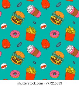 Seamless streed food hand-drawn bright element pattern in vector