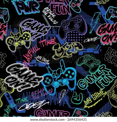 Seamless street art gaming pattern with graffiti-style text, gamepads and neon icons. Urban digital design for streetwear, gamer apparel, kids fashion, backpacks and wrapping paper.