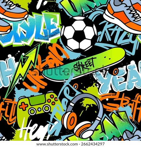 Seamless street art pattern with sneakers, skateboard, graffiti text, soccer ball, game controller, and headphones. Bold urban design for active youth culture, sports, and gamer lifestyle themes.
