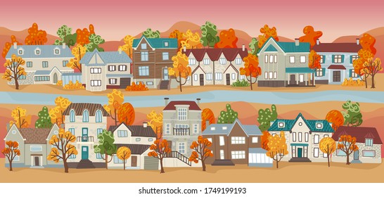 Seamless street, autumn landscape with houses, mountains on the background, sunset in the village, cottage city and road. Sunset in the village. Seamless border panorama Cardboard flat style pattern.