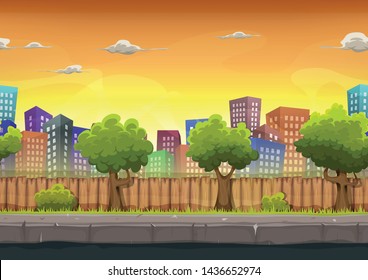 Seamless Street City Landscape For Game Ui/
Illustration of a cartoon seamless urban city landscape with fancy buildings and skyscrapers, for game ui