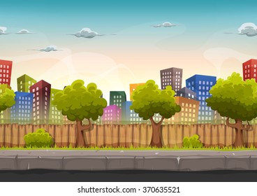 Seamless Street City Landscape For Game 
Illustration of a cartoon seamless urban city landscape with fancy buildings and skyscrapers, for game 