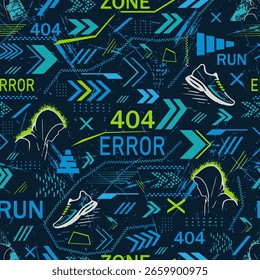 A seamless streetwear-inspired vector pattern featuring urban tech elements like "404 Error", silhouettes of hooded figures, running shoes, and glitchy geometric arrows. Perfect for fashion prints, ac