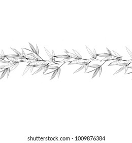 seamless strip of bamboo branches with leaves sketch vector graphics monochrome drawing