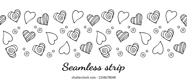 Seamless strip. Border from different hearts and bubbles. In isolation. Black and white pattern.