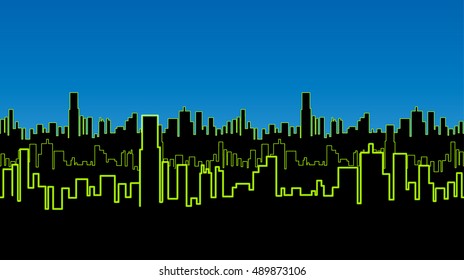 Seamless strip of the city at night with green neon color. Vivid glow of the contours of tall buildings. Vector illustration.