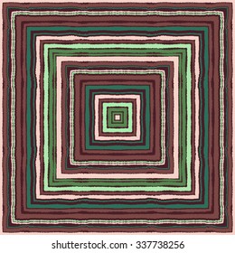 Seamless strip ethnic ornamental pattern. Rectangle, square lines with torn paper effect. Shred edge background. Pastel, brown, vinous, green, gray colors. Winter theme. Vector illustration