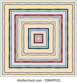 Seamless strip ethnic ornamental pattern. Rectangle, square lines with torn paper effect. Shred edge background. Pastel, soft, purple, gray, yellow, turquoise colors. Winter theme. Vector illustration