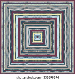 Seamless strip ethnic ornamental pattern. Rectangle, square lines with torn paper effect. Shred edge background. Pastel, calm, purple, gray, yellow, turquoise colors. Winter theme. Vector illustration