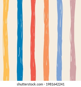 Seamless strip hand drawn pattern. Vertical lines in doodle style. Childish wrapping background. Light, blue, yellow, orange, rose, pastel colors on white. Vector illustration