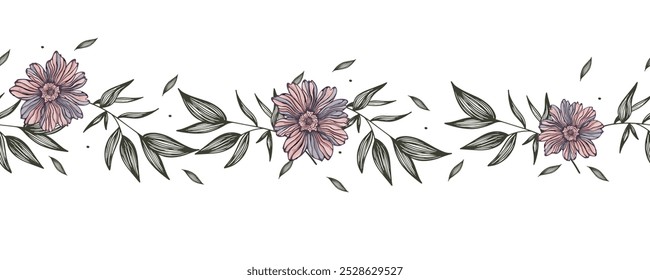 Seamless strip of leaves. An ancient sketch of leaves. A hand-drawn illustration.