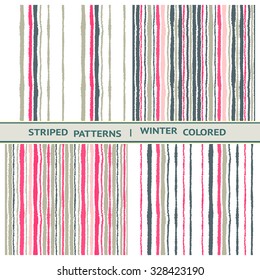 Seamless strip pattern set. Vertical lines with torn paper effect. Shred edge background. Light, contrast, gray, rose, pink colors on white background. Winter theme. Vector