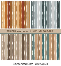 Seamless strip pattern set. Vertical wide lines with torn paper effect. Shred edge background. Bright, contrast, gray, orange, green, turquoise colored backgrounds. Winter sea theme. Vector