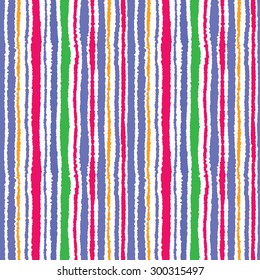 Seamless strip pattern for textile. Vertical lines with torn paper effect. Shred edge background. Summer, warm, blue, yellow, pink, green, white colors. Vector illustration