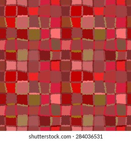 Seamless strip pattern. Vertical, horizontal lines and chessboard texture with torn paper effect. Shred edge background. Red, orange, brown, green colors. Autumn leaf fall theme. Vector illustration