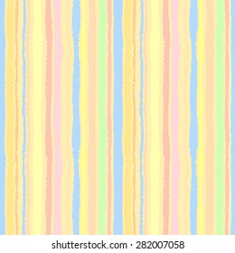 Seamless strip pattern. Vertical lines with torn paper effect. Shred edge background. Summer, warm, light, yellow, green, olive, terracotta, blue colors. Vector illustration