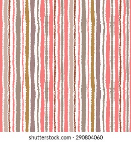 Seamless strip pattern. Vertical lines with torn paper effect. Shred edge background. Light, gray, olive, rose, pastel colors on white. Vector illustration