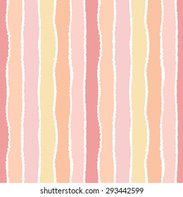 Seamless strip pattern. Vertical lines with torn paper effect. Shred edge background. Summer, warm, light, yellow, rose, cream, white, pastel colors. Vector illustration