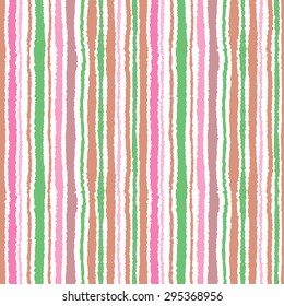 Seamless strip pattern. Vertical lines with torn paper effect. Shred edge background. Light, gray, cream, rose, green, white, pastel colors on white. Vector illustration