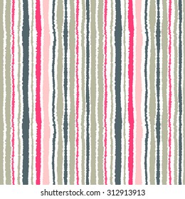 Seamless strip pattern. Vertical lines with torn paper effect. Shred edge background. Light, contrast, gray, rose colors on white background. Vector illustration