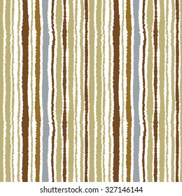 Seamless strip pattern. Vertical lines with torn paper effect. Shred edge background. Light, warm, contrast, green, gray, brown, olive colors on white background. Winter theme. Vector