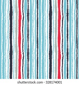 Seamless strip pattern. Vertical lines with torn paper effect. Shred edge background. Light, dark, contrast, blue, gray, red, white colored background. Winter theme. Vector