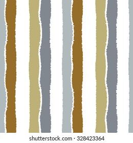 Seamless strip pattern. Vertical lines with torn paper effect. Shred edge background. Warm bright contrast gray, olive, green, white colors. Autumn, winter theme. Vector illustration