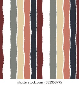 Seamless strip pattern. Vertical lines with torn paper effect. Shred edge background. Cold contrast gray, olive, brown, rose, white colors. Autumn, winter theme. Vector illustration