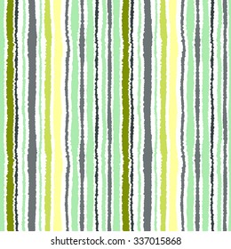 Seamless strip pattern. Vertical lines with torn paper effect. Shred edge background. Light, soft, green, gray, yellow, olive colors on white background. Winter theme. Vector